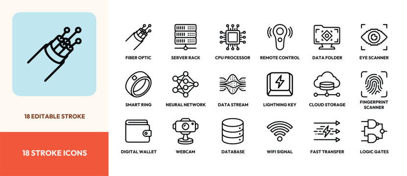Set of modern technology and digital data icons with editable stroke for web and mobile interface