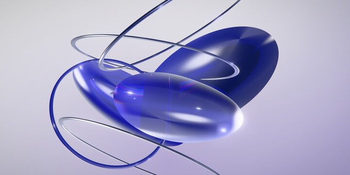 3D abstract composition with glossy azure blue ellipsoids and intertwining thin metallic rings on a soft gradient background