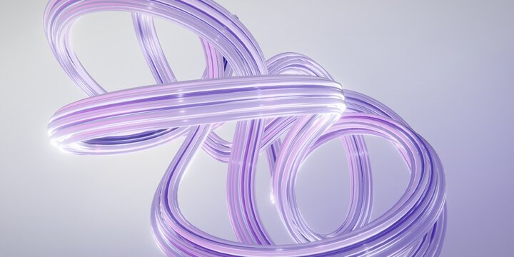 3D abstract knot formed by translucent lavender tubes with glossy surface reflections and soft lighting against a gradient background
