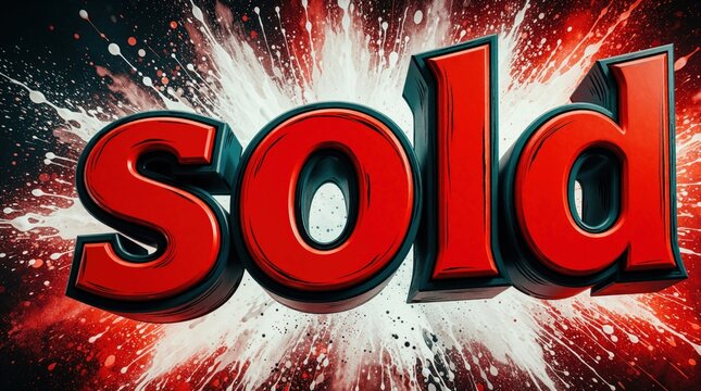 Bold red 3D letters spell sold against energetic splash background. Comic book style outlines add flair. Great for sale announcements or finality.