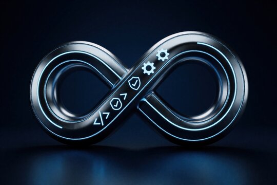 DevOps infinity loop graphic signifies continuous software development integration and security. Automation, code, security checks, and deployment gears symbolize lifecycle.