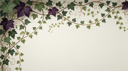 Naklejka premium Green and purple vine and leaf pattern entwines across light background. Elegant botanical design features swirls and scrolls, suitable for borders and frames.
