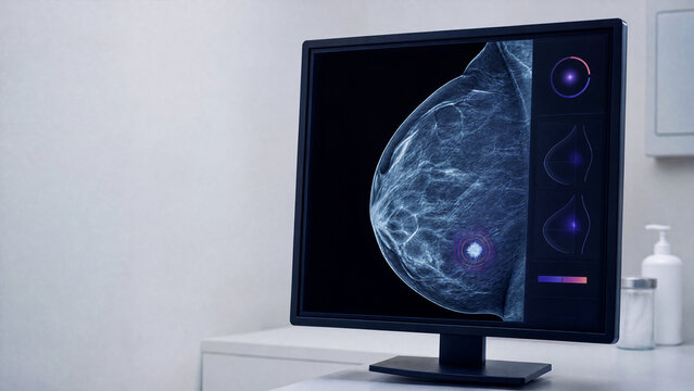 Medical screen shows a detailed image of a breast scan for evaluation