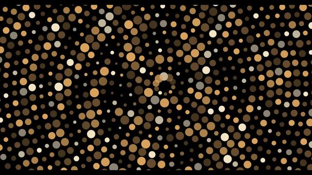 Golden polka dot pattern motion background, abstract luxury circles animation, shiny gold particles rotating on black backdrop