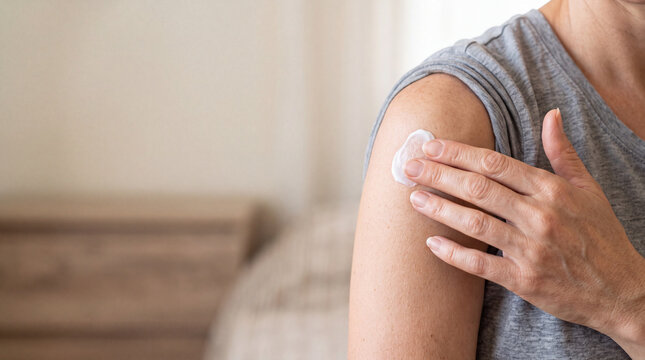 Person applying cream on the shoulder at home in the morning