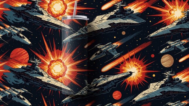 Seamless pattern of spaceships and fighters engage in battle amidst explosions and cosmic debris. Futuristic galactic war scene with star cruisers and small craft in deep space.