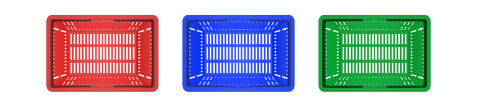 Empty plastic shopping basket. Red, blue and green store empty basket. Supermarket shopping cart. Top view.
