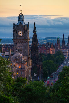 Edinburgh sunset skyline and historic architecture of Scotland