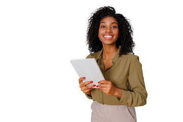 Fototapeta premium Confident black businesswoman using a digital tablet, smiling and looking at camera with transparent background