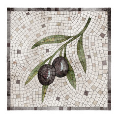 Naklejka premium Olive branch watercolor mosaic illustration with dark olives and stone tesserae isolated on background. Mediterranean decorative clipart for Roman, Greek, antique and botanical designs.
