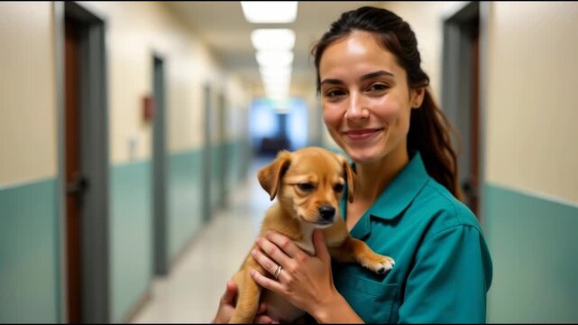 A woman cradles a small dog in her arms, showcasing a heartwarming moment of companionship