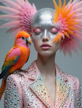 Woman with parrot has pastel crystal outfit and glitter makeup. Bird sits on shoulder, face is silver shiny, feathers adorn head. Surreal fantasy fashion portrait.