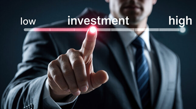 Businessman finger touches digital sliding scale on screen. Man adjusts investment level from low to high. Concept of financial growth, risk management, strategic decision making in corporate world.