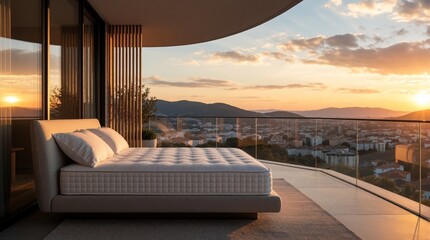 Naklejka premium Luxury bed with white mattress, pillows sits on modern balcony. Comfortable furniture overlooks urban city skyline at sunset. Scenic mountain view, golden sky create peaceful atmosphere. Elegant