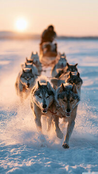 A team of energetic sled dogs racing through the snowy landscape at sunset.