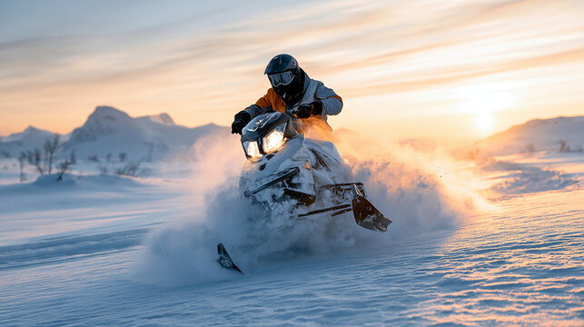 A male rider navigating through fresh snow at sunset, showcasing winter adventure.