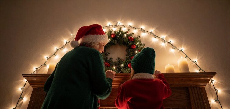 Grandmother and child decorating a Christmas wreath together under warm string lights above a wooden mantelpiece.