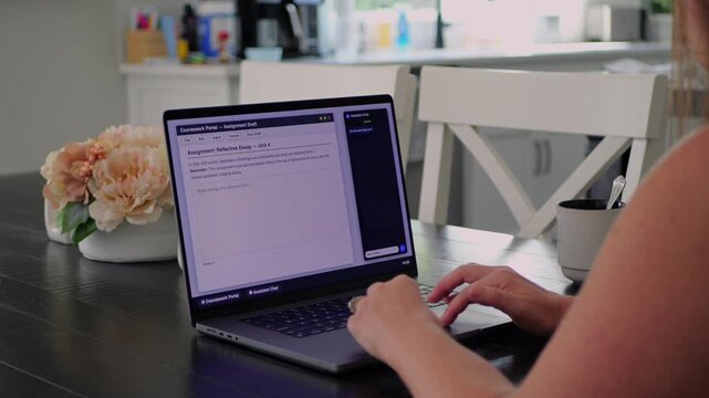 Adult college student uses artificial intelligence AI chat bot to write assignment breaking academic fair use policy cheating educational assignment