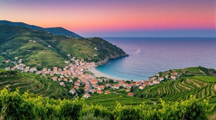 Naklejka premium Aerial view of coastal village on steep green hills overlooking blue sea. Mediterranean town with red roof houses nestled between vineyard terraces, ocean bay. Beautiful sunset sky with pink clouds