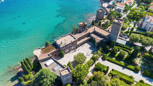 Aerial view of the Ch&acirc;teau de la Napoule, a medieval castle located in Mandelieu on the French Riviera coastline