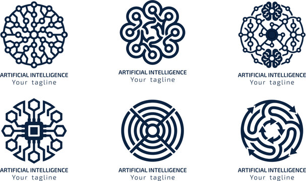 Set of six artificial intelligence logo designs combining neural networks, circuit structures, intelligent systems, and geometric technology symbols in a refined monochrome vector style.