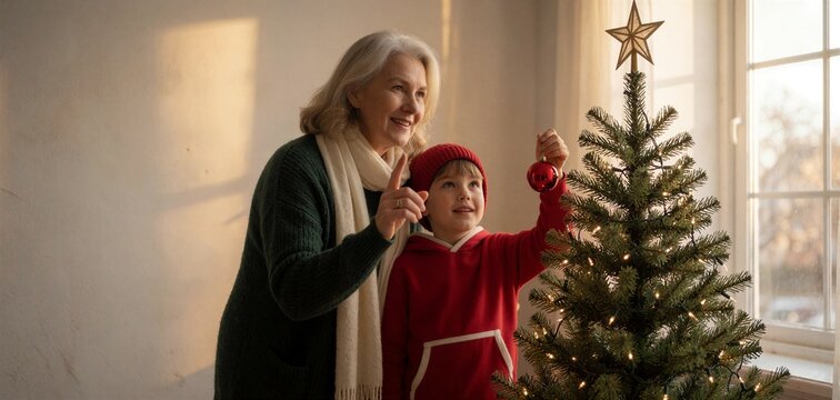 Woman and child decorating a Christmas tree at home with warm, festive holiday atmosphere.
