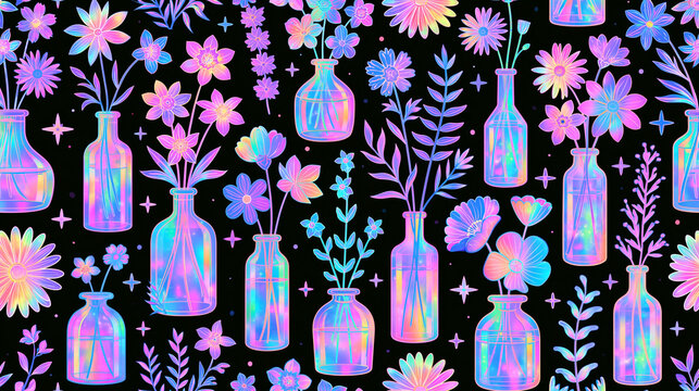 seamless pattern of holographic flowers in vases against a dark background,  colorful background