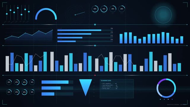 Futuristic digital dashboard interface displaying real time data analytics in a sleek motion graphics video clip
