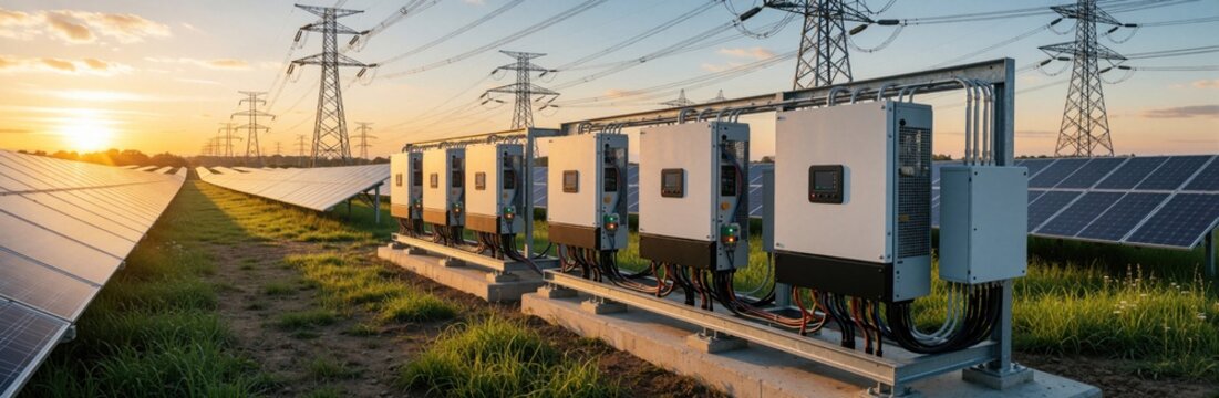 Solar farm with inverters and power lines at sunset. Photovoltaic panels convert sun rays into electricity for grid connection. Renewable energy infrastructure.