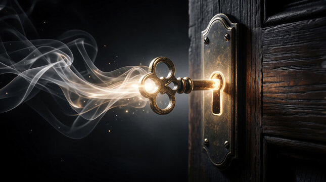 Antique key inserts into dark wood door lock. Glowing magic light emits from opening with wisps of smoke and sparks. Symbolizes discovery, secrets, and new beginnings.