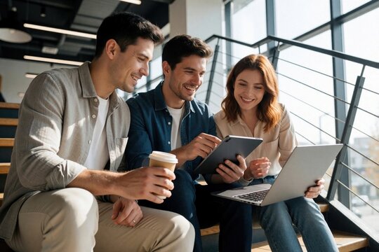 Three colleagues collaborate on devices on office stairs. They share ideas using laptop and tablet. A man holds coffee cup. Teamwork and success.