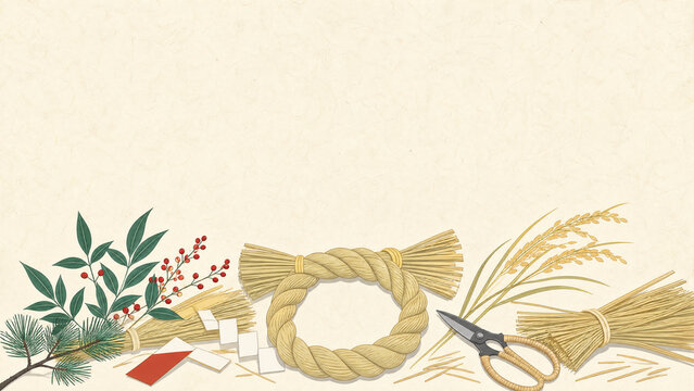 Hand woven shimenawa straw rope with rice straw bundles and scissors - japanese new year preparation flat design illustration banner with copy space