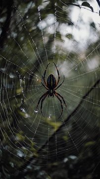 Predatory spider sits web and waits for victim on dark background outdoor nature AI Generative