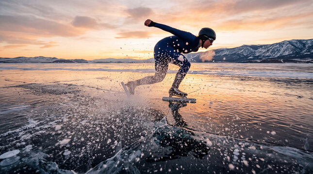 A speed skater moves quickly on wild black ice during sunset. The sun sets behind mountains, casting light on the frozen surface and creating splashes of water