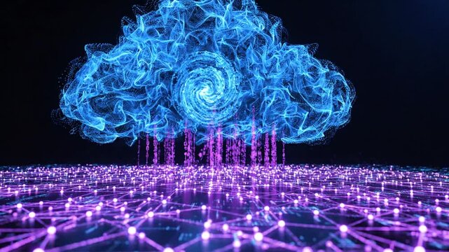 Digital brain cloud and pink data rain over circuits