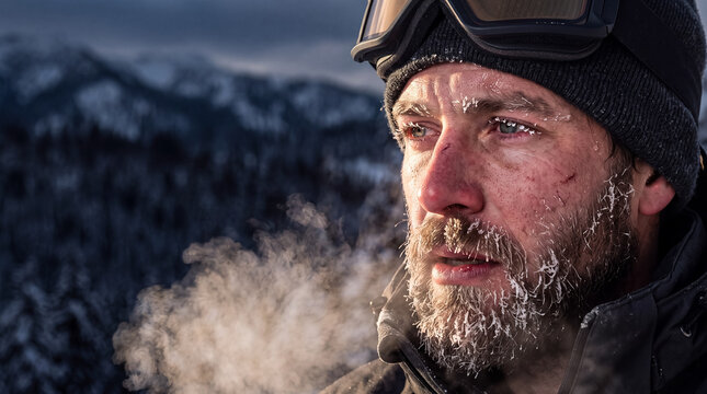 Close-up shows an athlete's face after training in a cold mountain setting. Ice forms on his face as he exhales warm breath into the chilly air