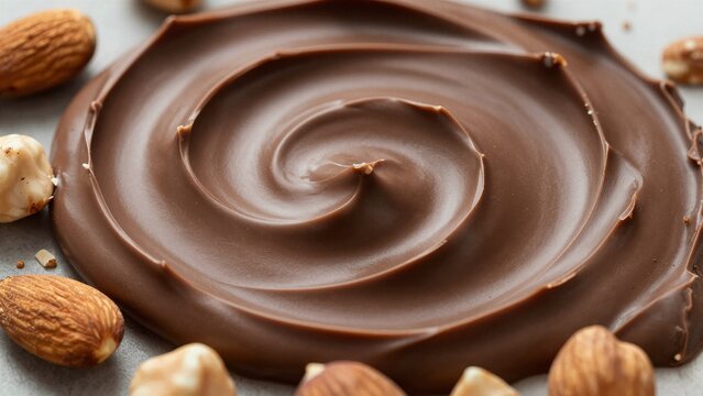 Smooth chocolate hazelnut spread in a spiral pattern with whole almonds and hazelnuts scattered around on a neutral surface.