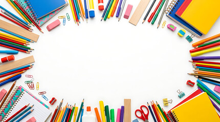 Obraz premium A vibrant assortment of school supplies, including pens, pencils, and notebooks, arranged in an oval shape on a transparent background.