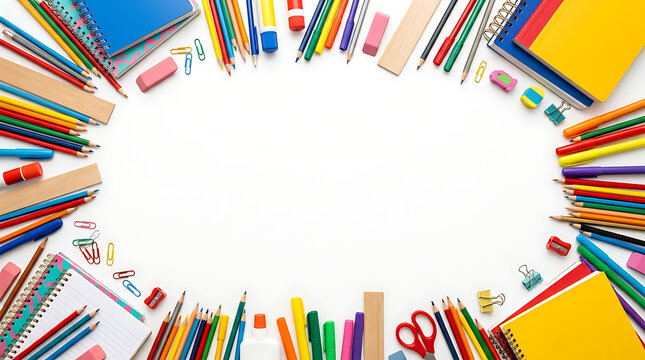 A vibrant assortment of school supplies, including pens, pencils, and notebooks, arranged in an oval shape on a transparent background.
