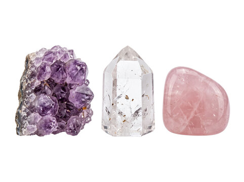 Amethyst clear quartz rose quartz crystal set on black background for healing, meditation, and gemstone collections, featuring raw mineral geode, faceted tower point, and polished stone.