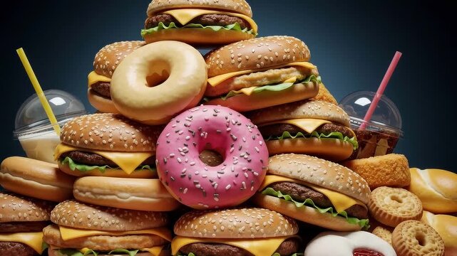 Pile of fast food burgers and donuts
