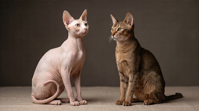 Sphynx cat Felis catus and Abyssinian cat Felis catus sitting together