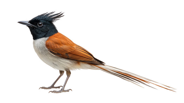 Indian paradise flycatcher bird with long tail isolated on transparent background showcasing vibrant plumage beauty wildlife avian species.