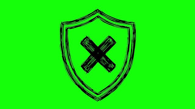 hand drawn shield with cross error mark animation featuring a line boil effect, solid black fill, and green screen chroma key background