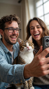 Happy couple taking selfie with domestic cat, Felis catus , indoor at home