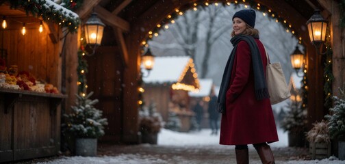 Fototapeta premium Woman in red coat at a snowy Christmas market, looking back with a smile amidst warm lantern light and falling snow.