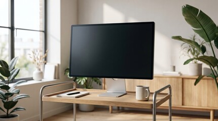 Fototapeta premium Blank modern computer monitor set up on a minimalist wooden standing desk with a plant