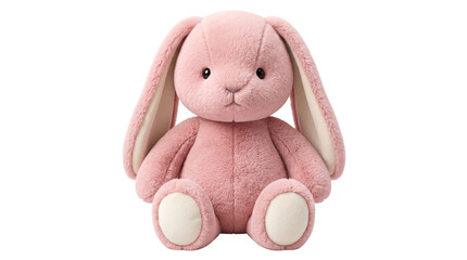 Fototapeta premium Cute pink plush bunny rabbit toy sitting and looking forward with big ears for children's room decor.