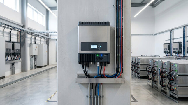 Industrial solar power inverter mounted on a concrete pillar in a renewable energy storage facility with rows of battery backup units and professional electrical wiring systems.
