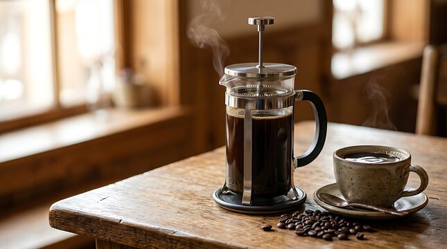 Freshly brewed coffee in a french press